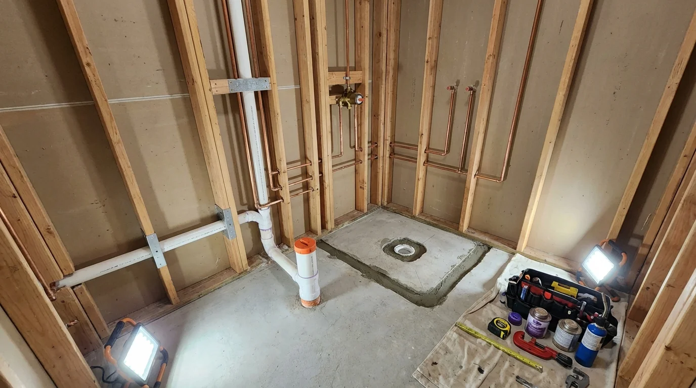 Bathroom rough-in plumbing during remodel by Johns Plumbing LLC in West Wendover
