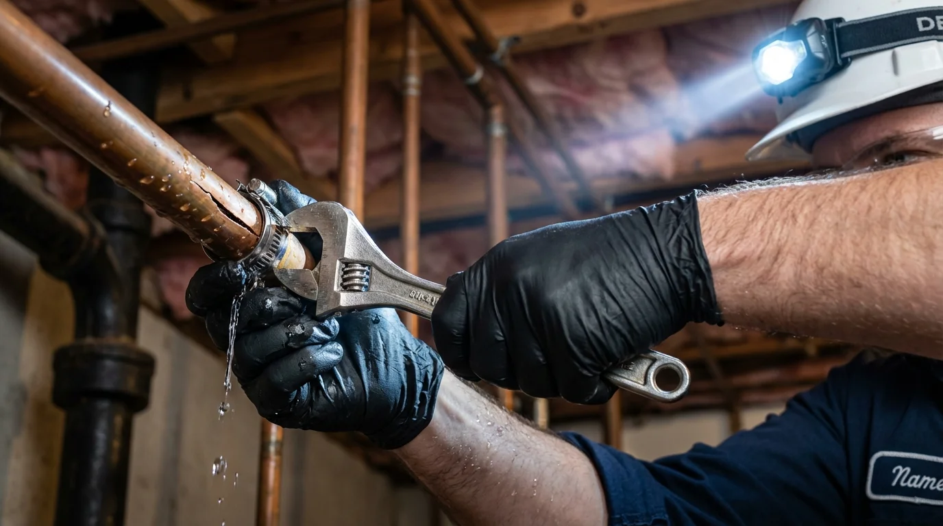 Emergency pipe clamp repair being performed by a Johns Plumbing LLC plumber in West Wendover