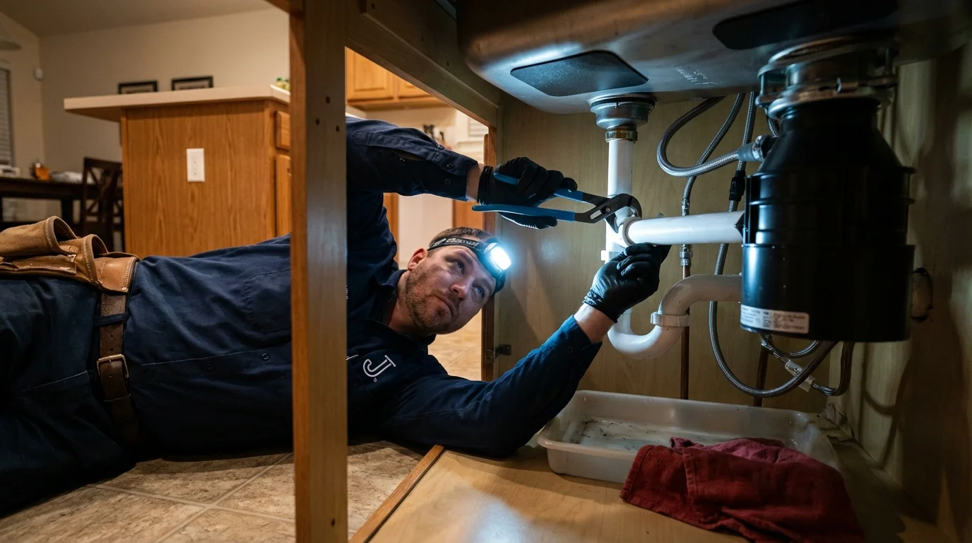 P-trap and supply line connections under a kitchen sink showing a common leak point in West Wendover, NV